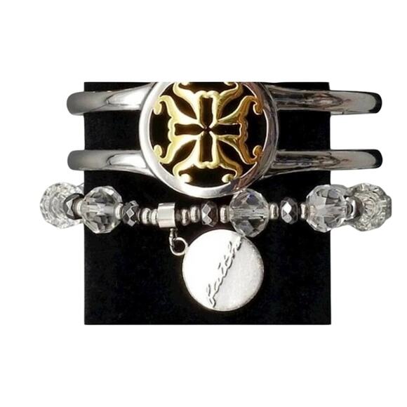 Rustic Cuff Christian Faith Stretch Bracelet Silver & Clear Beads Charm Logo - Picture 2 of 16